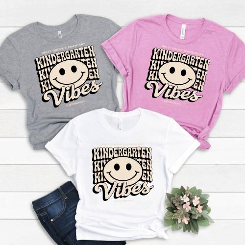 Custom Kindergarten Class Shirt - Retro Smiley Face Vibes Personalized Tee