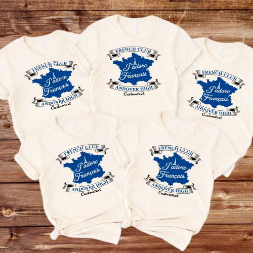 J’adore Français Shirt - Custom Andover High French Club Tee with Eiffel Map & Retro Banner Style