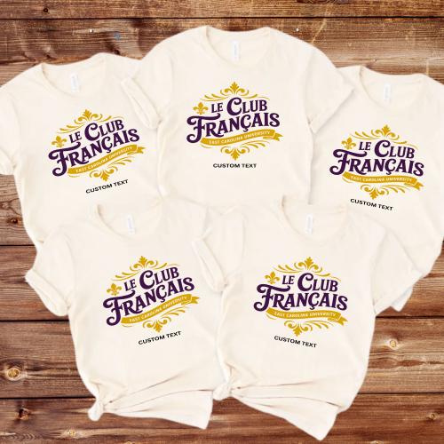 Le Club Français Shirt - Custom East Carolina University French Club Tee, Royal Purple & Gold Style