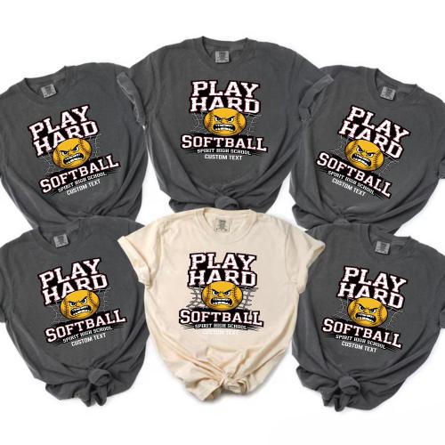Spirit High “Play Hard” Softball Tee Distressed Varsity Look Sport Team Club T-Shirt