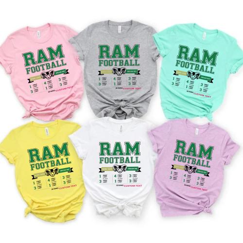 Custom Ram Football Club Sport Team Green Retro Mascot Varsity T-shirt